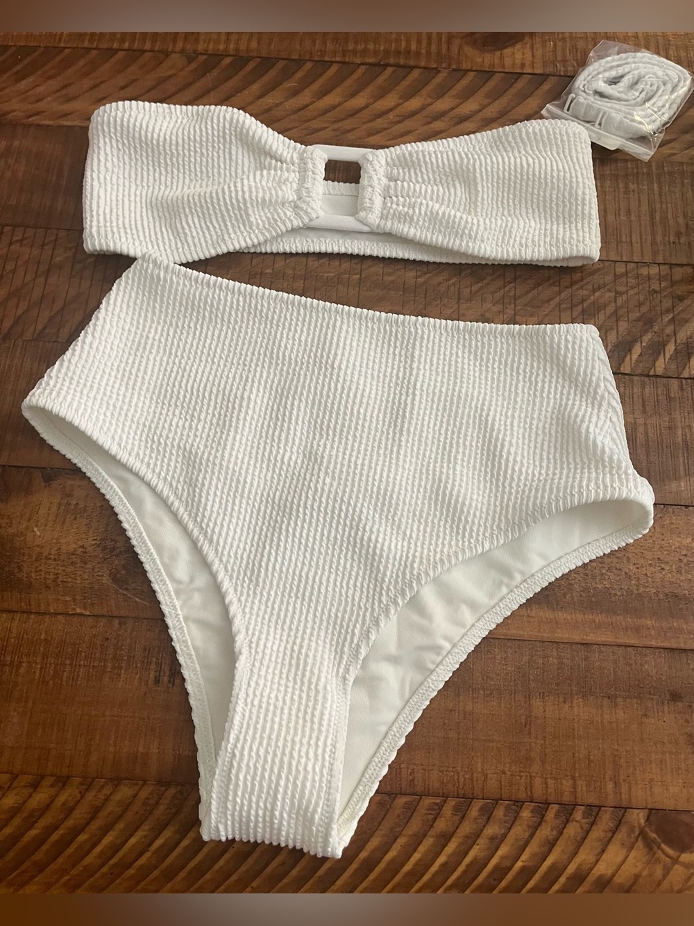 NWT Aerie FULL SET Crinkle Ring Bandeau + High Waisted Bottom in White - Size S